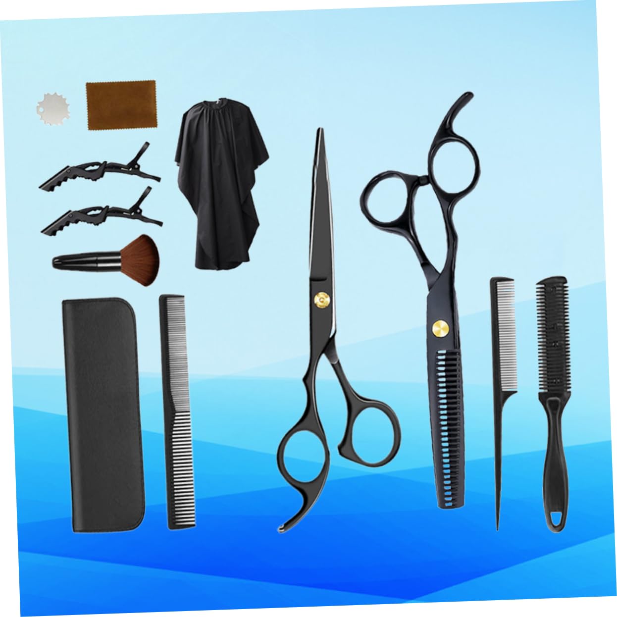 Friseurscheren 1 Satz aus Kunststoff, Schwarz, Flache Schere | Zahnschere, 12 Stück Zubehör, für Barbershop und Zuhause, Leicht und Ergonomisch