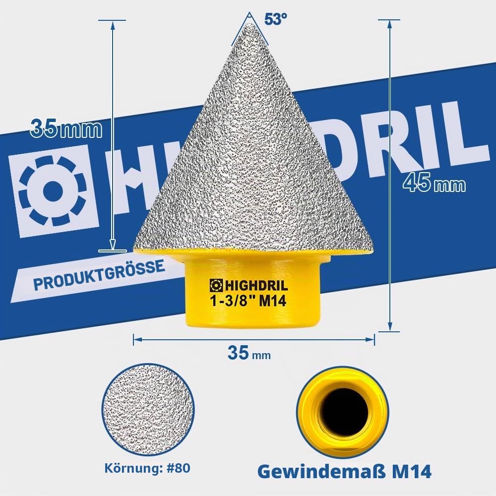 Diamant Fingerfräser - HIGHDRIL 35mm Diamant-Fasenfräser mit M14 Gewinde zum Vergrößern und Beschneiden bestehender Löcher in Porzellan, Keramik, Marmor, Granit
