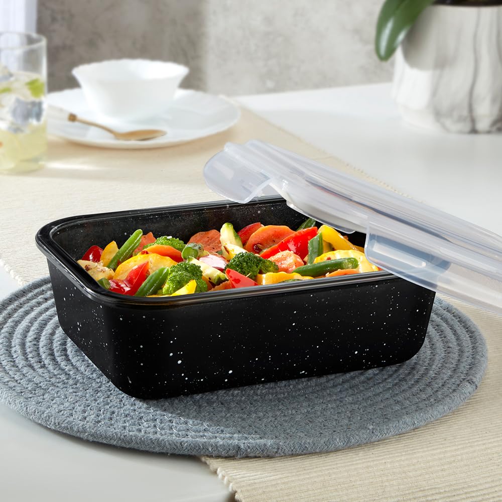 Borosil 1.52 L Pebble Black Food Storage Container with Air Tight Lid | Rectangle Shape Borosilicate Glass Organiser | Microwave & Dishwasher Safe | For Fridge, Kitchen Storage