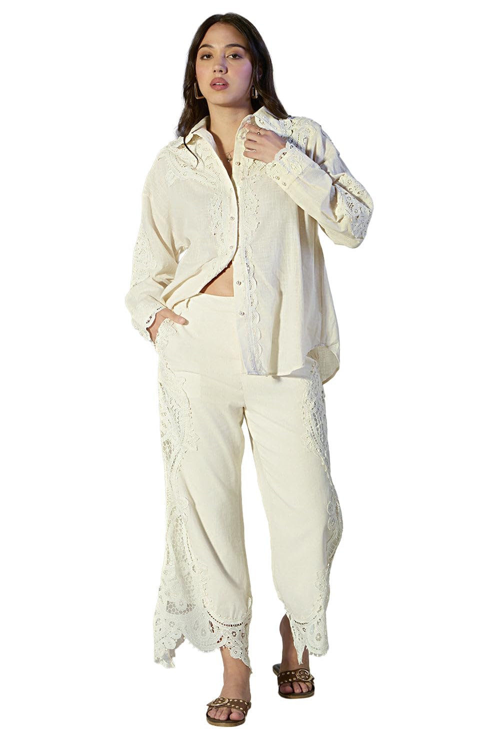 Edition Women's Cutwork Lace Cream Shirt & Trousers Co-Ord Set-CHN-5951_Cream-P-image-21