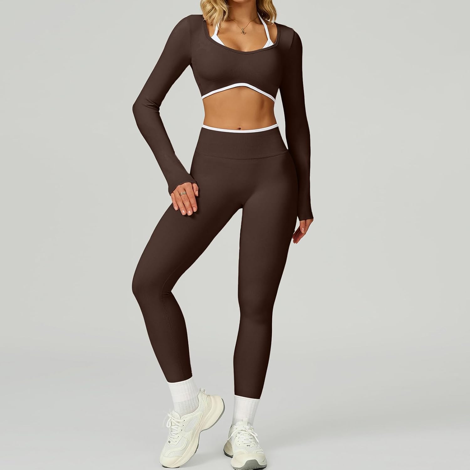 UONNOU Workout Sets for Women 2 Piece Seamless Long Sleeve Crop Top and High Waist Scrunch Butt Lifting Leggings Yoga Outfits - Image 4