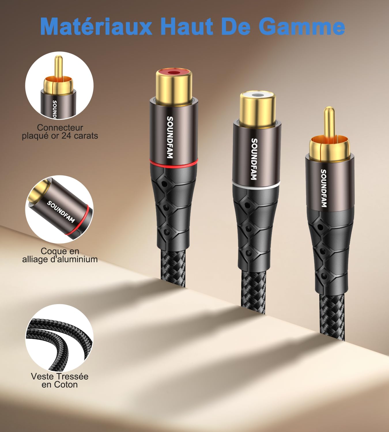 Répartiteur RCA Y Câble Répartiteur RCA/Phono SOUNDFAM 1 Mâle vers 2 Femelles Fiche Plaquée or Répartiteur Cinch​ Adaptateur Stéréo Y Pour Caisson de Basses, TV, Lecteur CD, Home Cinéma - Noir (30 cm)