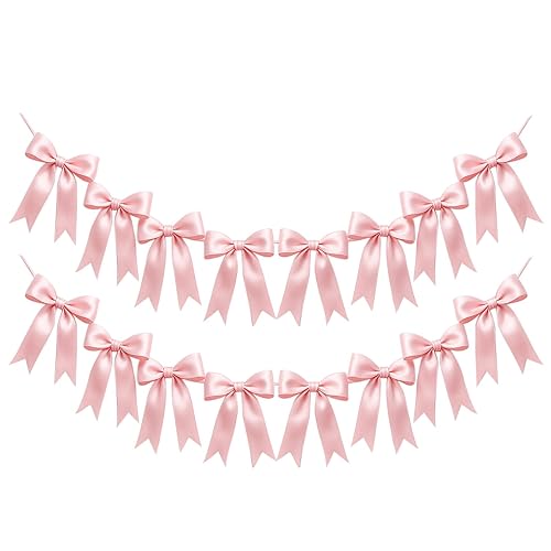 2 Strings of 16PCS Pink Bow Garland Banner Decoration,Pre-Strung Satin