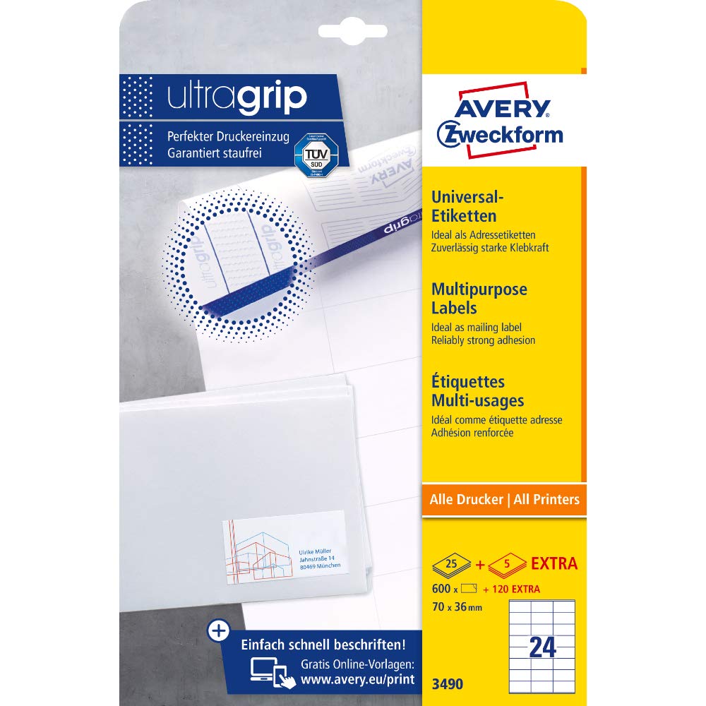 AVERY Zweckform L4784-20 Namensetiketten (540 Namensaufkleber, 63,5x29,6mm auf A4) 20 Blatt, weiß & 3490 Adressaufkleber (600 plus 120 Klebeetiketten extra, 70x36mm auf A4) 30 Blatt, weiß