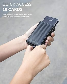 VULKIT Pop Up Wallet Automatic Leather Slim Credit Card Holder RFID Blocking Metal Double Card Case for Men and Women Carbon Fiber Black