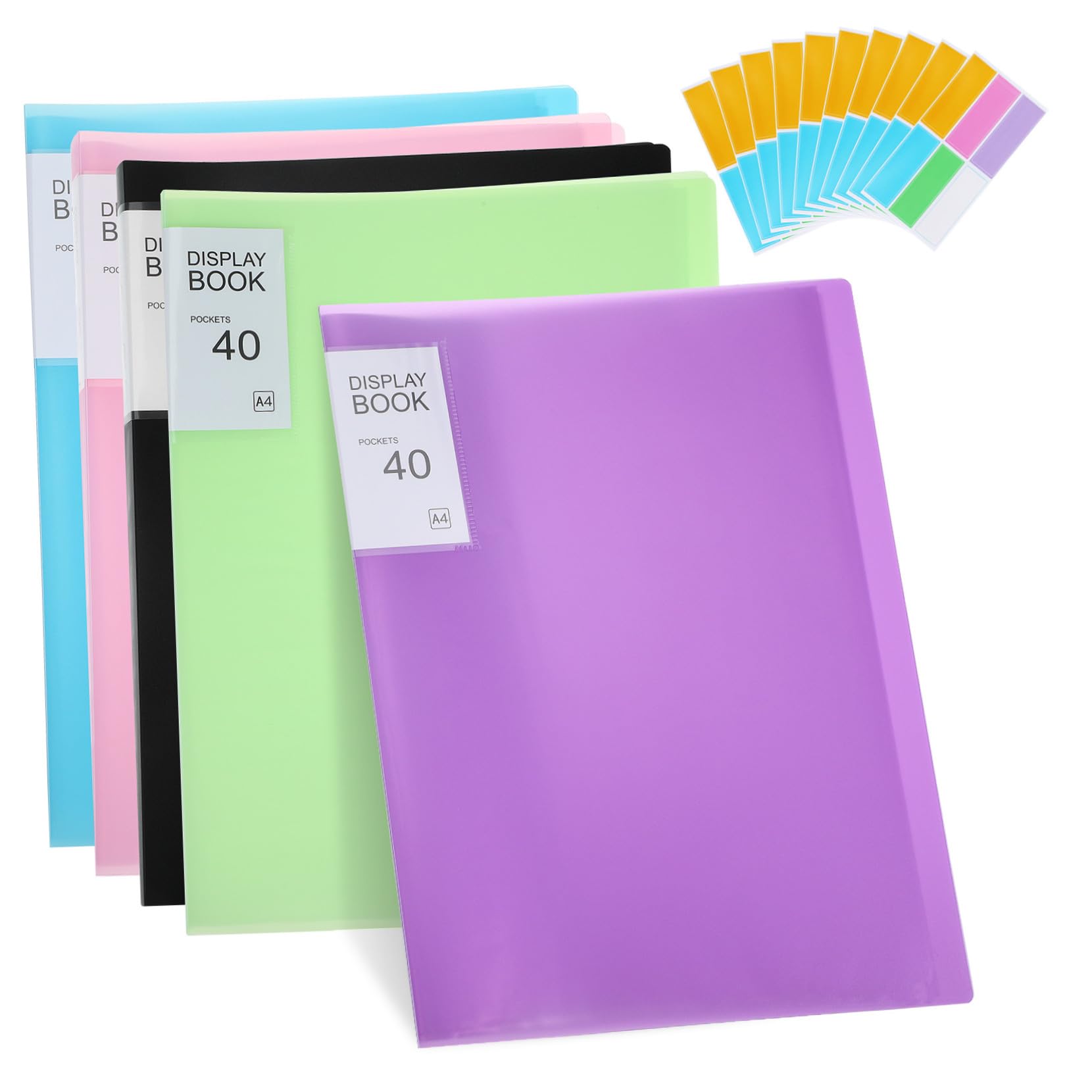 Präsentationsmappe 5 Stück 40 Taschen A4 Ordner mit Klarsichthüllen | Pp Ausführung mit Stickern, Schlankes Design für Büro und Unterwegs, Schulanfang Deko