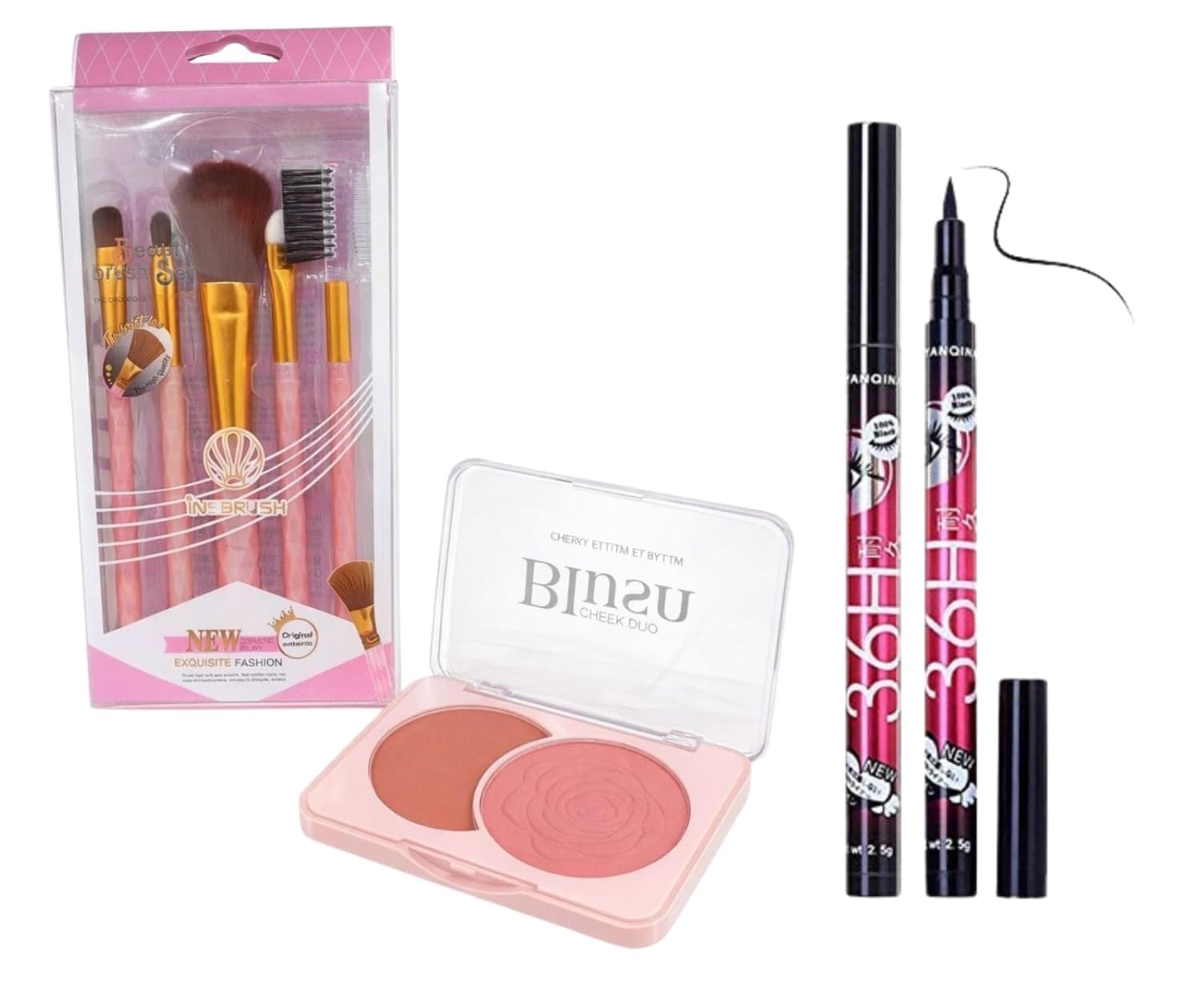3-Piece Makeup Artistry Set – Dual-Tone Silk Blush Palette (Rose-Embossed Pink & Matte Peach), 36H Waterproof Precision Liquid Eyeliner & 5-Piece Premium Pink Brush Set – Complete Face & Eye Kit-image-43