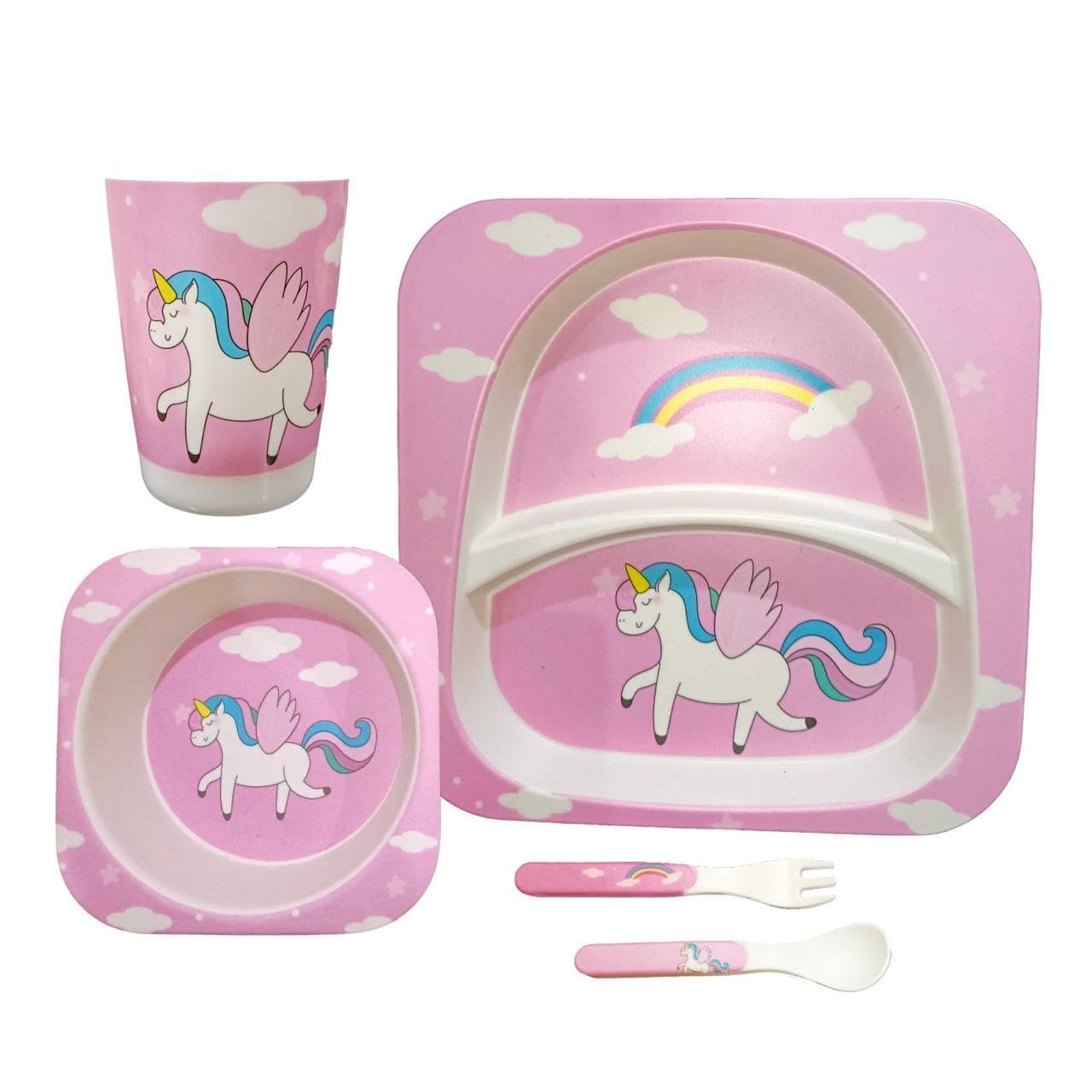Deepashri™ Unicorn Bamboo Fibre Dinner Set for Kids - Section Plate Bowl Cup Fork and Spoon/Feeding Utensils for Kids and Toddlers Eco-Friendly & Biodegradable | Set of 5 (Light Pink)-image-5