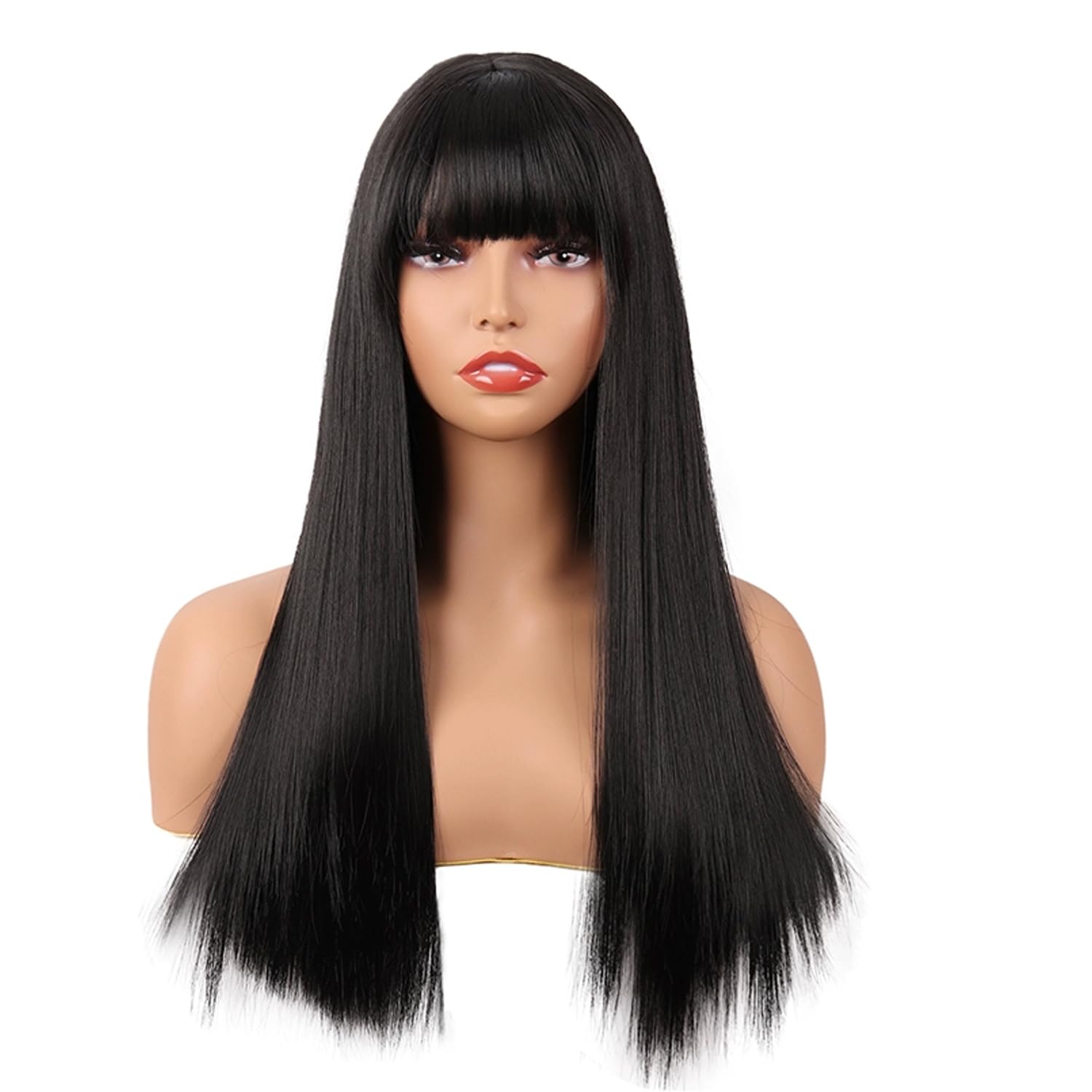 Black Wig, Long Straight Synthetic Wig for Women & Girls, Natural Looking Heat-Resistant with Bangs