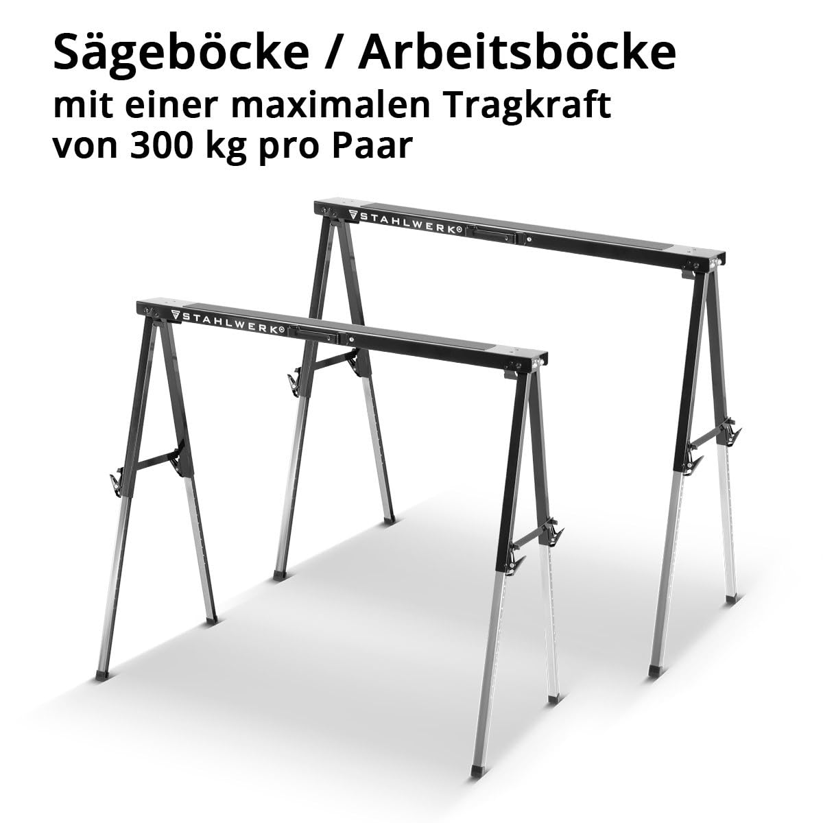 Caballete STAHLWERK SB-910 ST en un juego de 2 caballetes de metal con recubrimiento de polvo, altura ajustable de 645-910 mm, capacidad de carga de 150 kg y superficie antideslizante