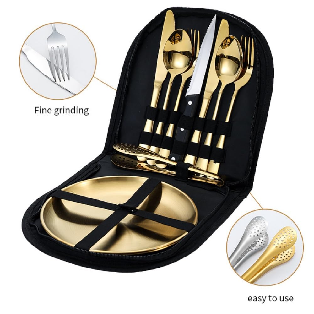 Set di posate da campeggio da 10 pezzi in acciaio inox con coltello, forchetta, cucchiaio + piatto – pieghevole per barbecue, picnic e viaggi (confezione da 20 pezzi Peso singolo: 1,6 kg, misura