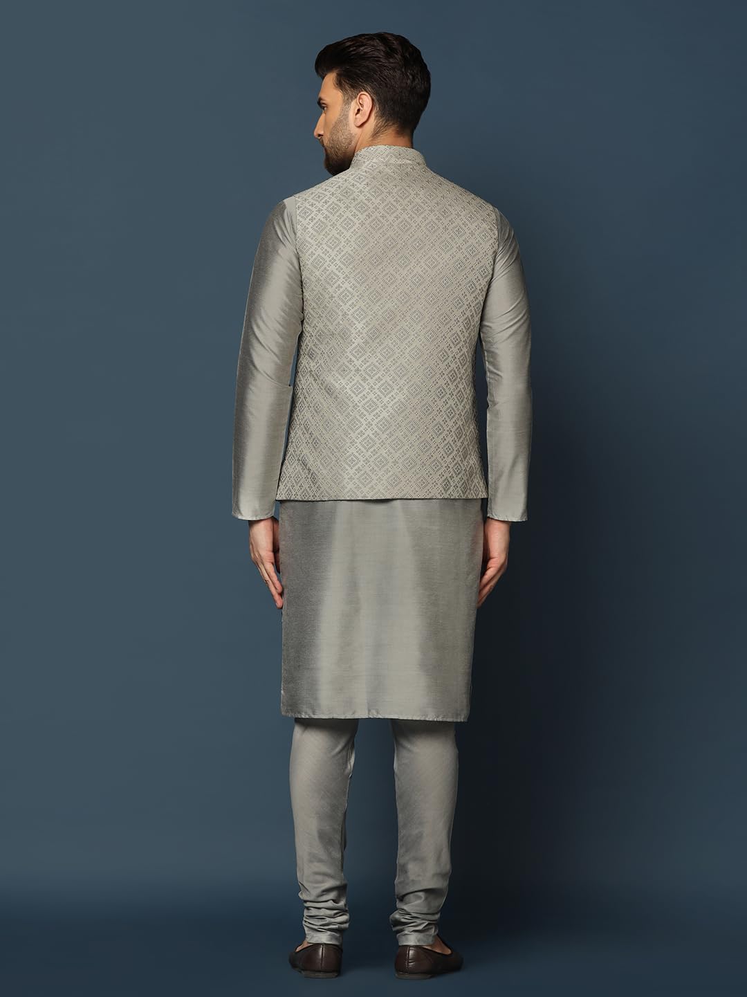 KISAH Set giacca kurta da uomo e pantaloni in misto cotone, ricamati, maniche lunghe, dritto, vestibilità regolare, colletto alla coreana, abbigliamento etnico casual, argento, 42