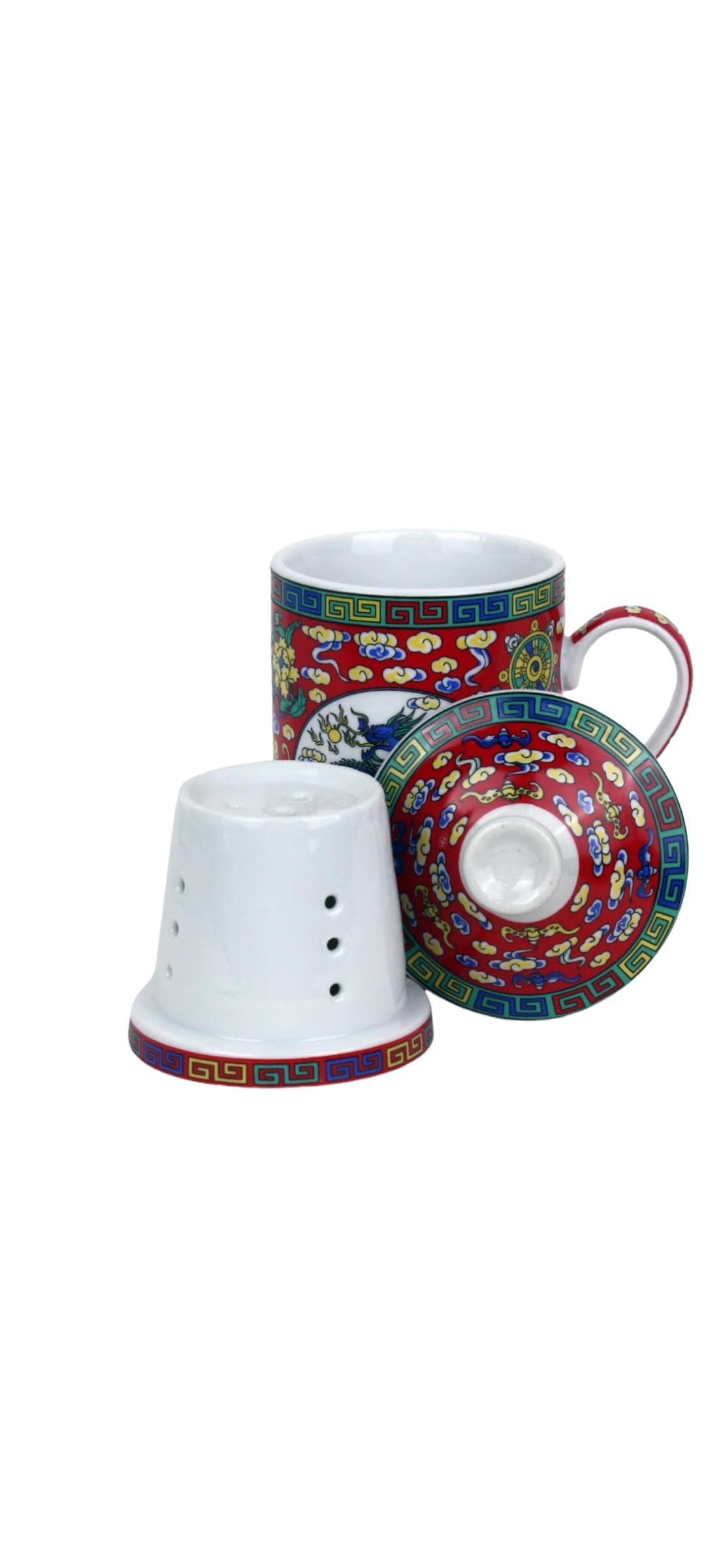 Keramik Teetasse mit Deckel + Sieb für Losen Tee mit Asiatischem Motiv Japanische Chinesische Tasse Für Teeliebhaber, Porzellan Kaffee Geschenk Set Asien Asia Becher Haferl (Roter Dracher)