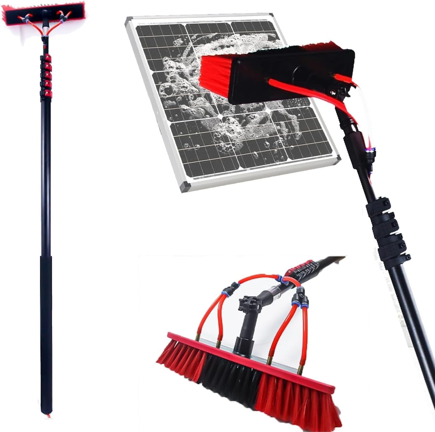 Rodillo de cepillo de limpieza de paneles solares, kit de limpieza de ventanas ajustable alimentado por agua, poste extensible de 6 m, funciona con pilas, ideal para uso en exteriores