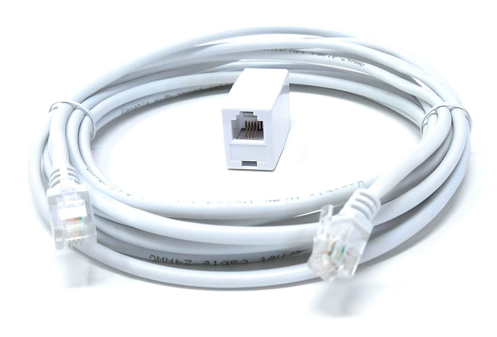 DRUT 4m RJ11 to RJ11 ADSL 2+ Male to Male Cable with Female Coupler, BT Telephone, Broadband, Modem Extension Lead