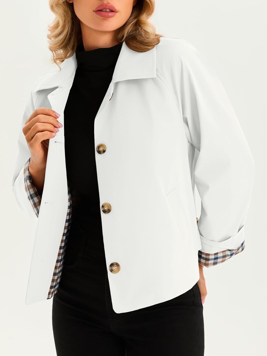 Tankaneo Womens Cropped Trench Coat Lightweight Single Breasted Jacket Fall Windbreaker Fashion Outerwear - Image 7