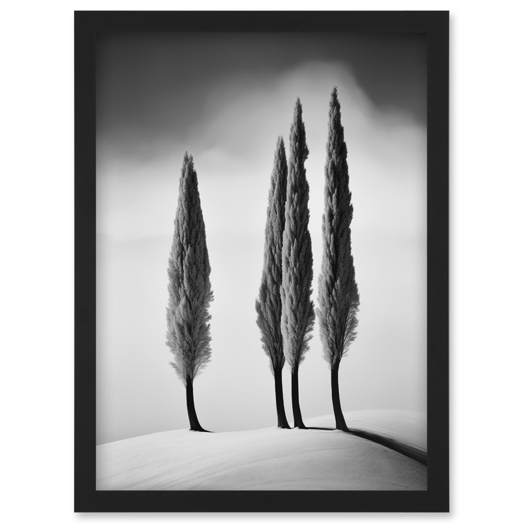 Artery8 Group of Cypress Trees on Snowy Hill Minimalist Black and White Photograph Cypresses in Foggy Winter Landscape Artwork Framed Wall Art Print A4