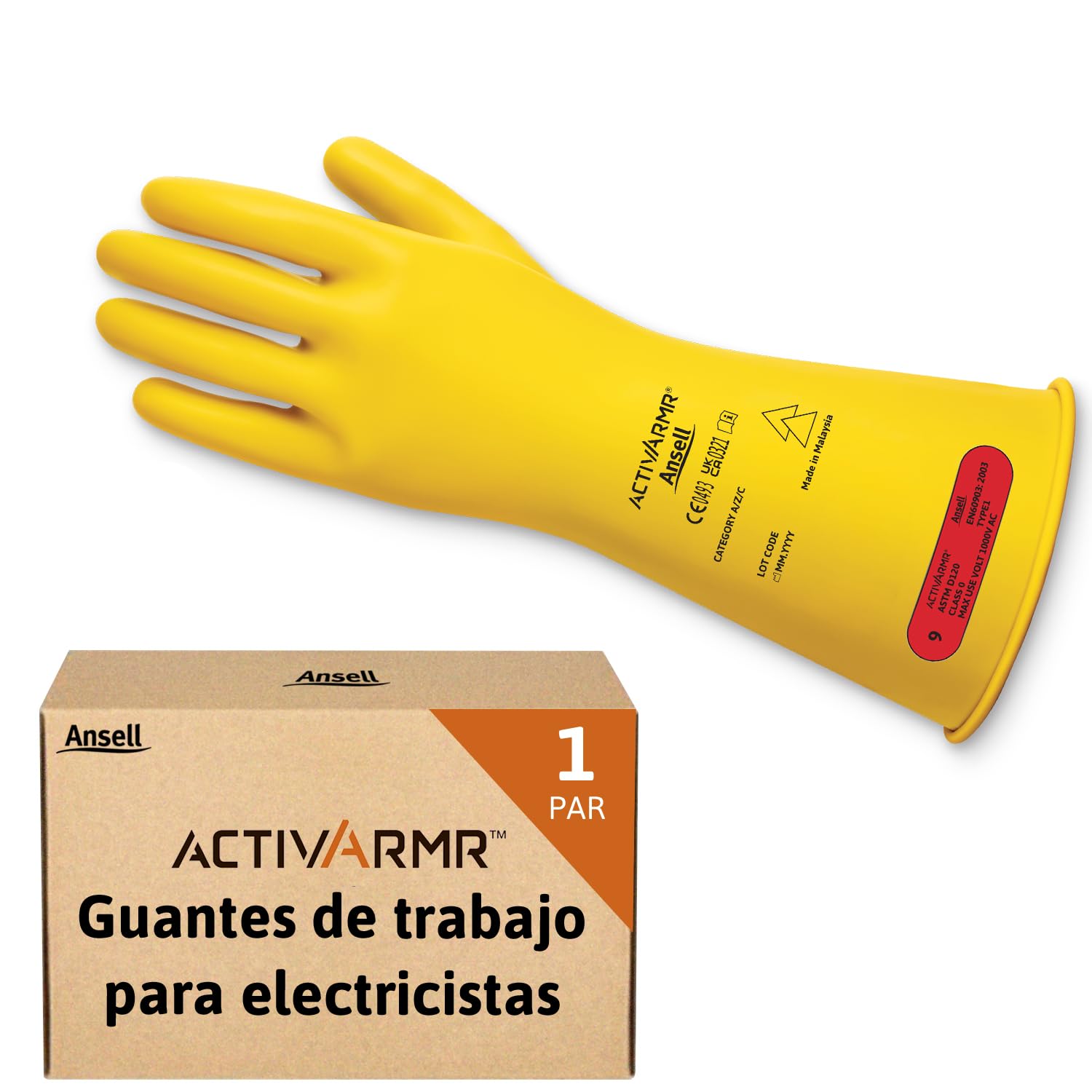 Ansell ActivArmr Guantes Aislantes Dieléctricos, Protección Eléctrica Class 0, Tensión 1000V, Trabajos con Electricidad, Látex de Caucho Natural, 36 cm, Amarillo, Talla XL, 1 Par