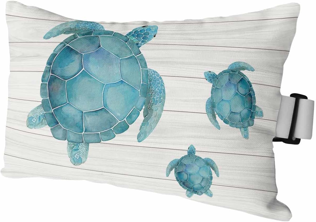 Ocean Coastal Beach Teal Sea Turtle Outdoor Head Pillows for Recliner Chair,Pack of 2 Waterproof Throw Pillow Cushion Cases with Insert&Elastic Strap,Farm Rustic Wooden Plank Pillow for Patio Beach