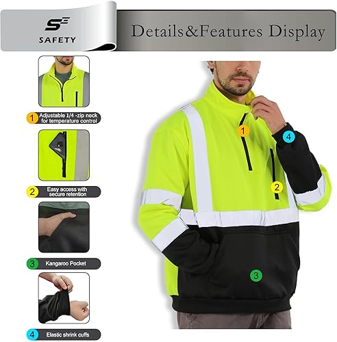 Miniatura 31 de sesafety Sudadera de seguridad de alta visibilidad para hombre, sudadera con capucha reflectante con cremallera clase 3, sudadera con capucha