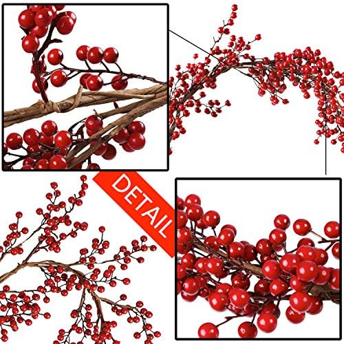 Falflor Red Berry Garland 6FT Long Flexible Artificial Burgundy Red Pip Berry Christmas Garland for Table Fireplace Stairs