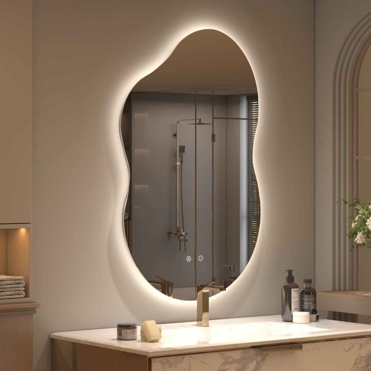 Irregular LED Vanity Mirror for Bathroom | Dimmable Backlit Light, Anti-Fog & Smart Memory Settings (50x70 cm)-image-42