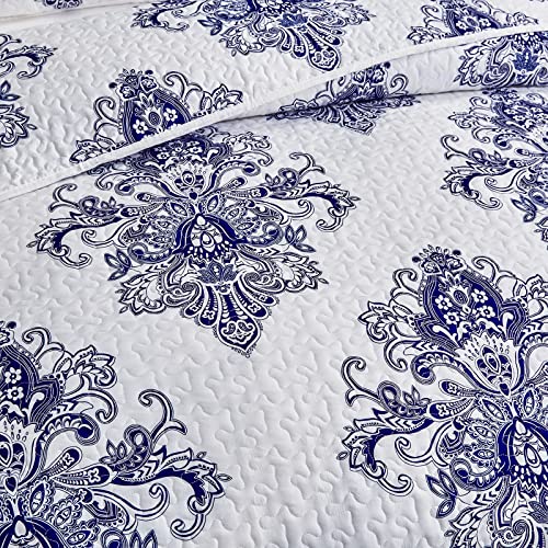 Flysheep 3-Piece Geometric Full Queen Quilt Set, Blue Medallion On White Printed Lightweight Summer Bedspread/Coverlet thumb #1