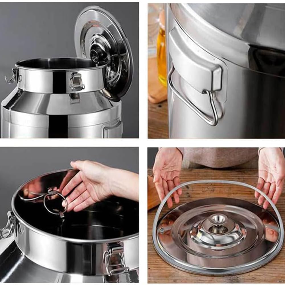 Lechera de acero inoxidable, barril de almacenamiento de líquidos con tapa y 2 asas para transportar granos, vino y agua