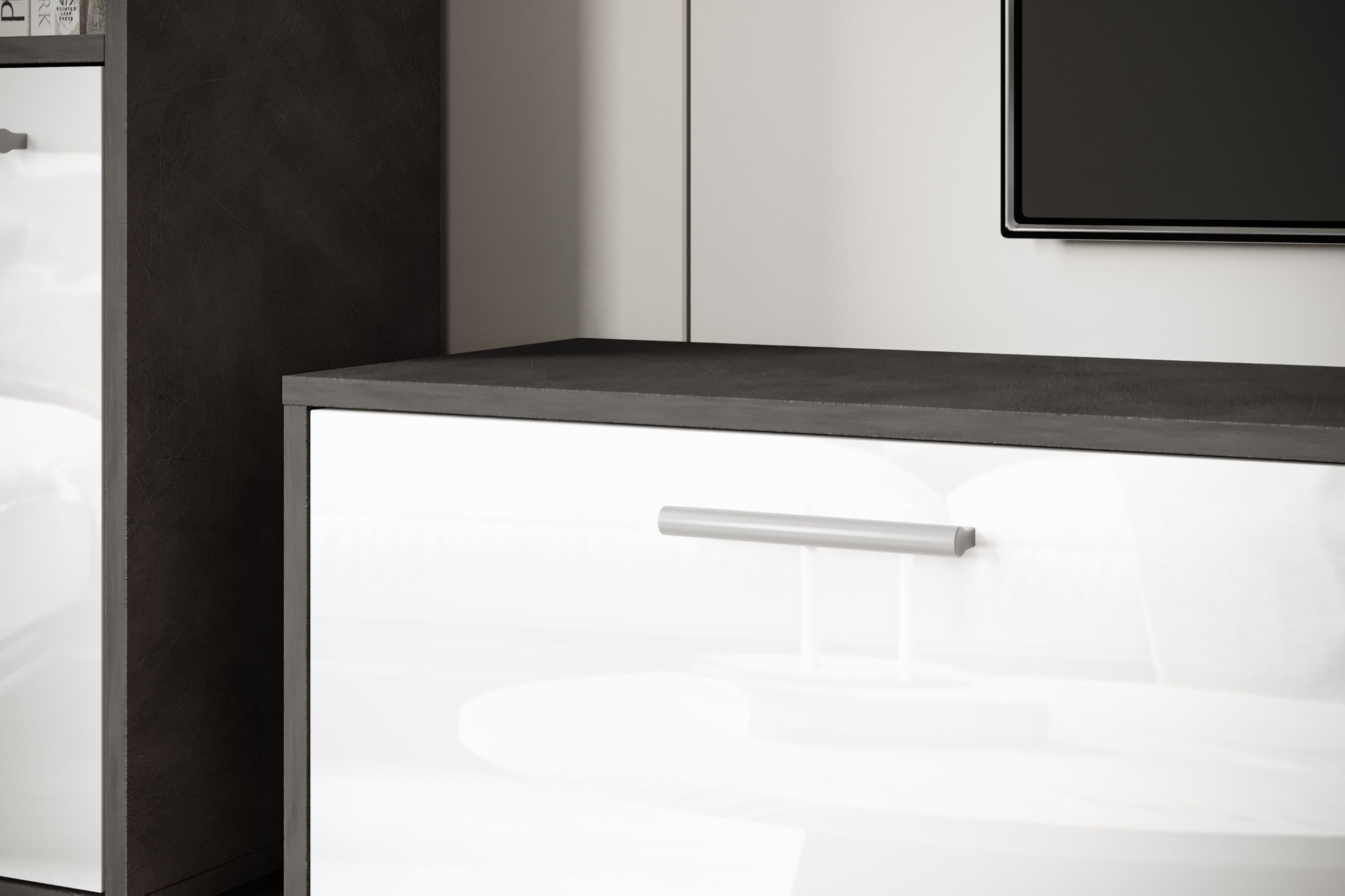 MINIO go for it - Wohnwand Wohnzimmer 4-teilig Toga, Wohnzimmer Möbel Set, 1x TV Lowboard, 2X Hochschrank, 1x Wandboard, Wohnzimmermöbel Komplett, Wohnzimmer Set - Farbe Matera/Weiss Hochglanz