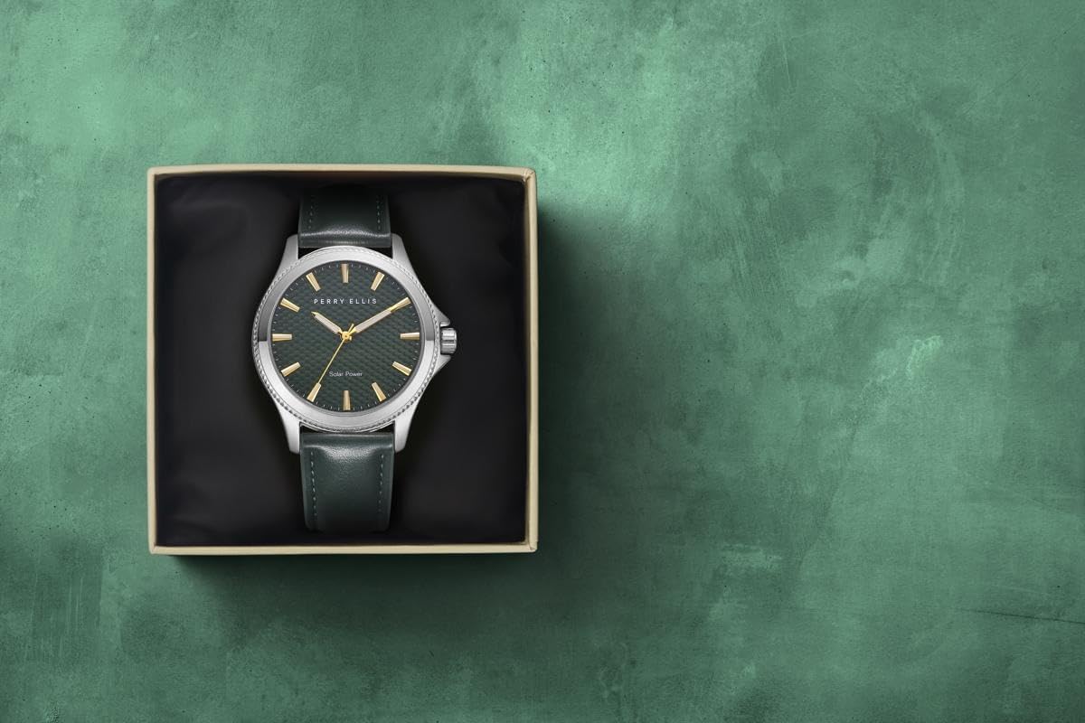 Perry Ellis Solar Powered Mens Watch | Vegan Leather Water-Resistant Analog Wrist Watches for Men | 41mm Case | Relojes para Hombres | Elegant Gift for Man
