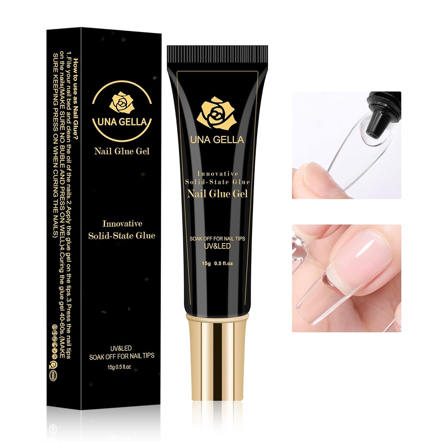 UNA GELLA Solid Nail Glue Gel 15ml Lamp Curing Needed Solid Soak Off U V/LED Lamp Required Super Strong Gel Glue for Fake Acrylic Nail Tips Press On Nails Art Extension