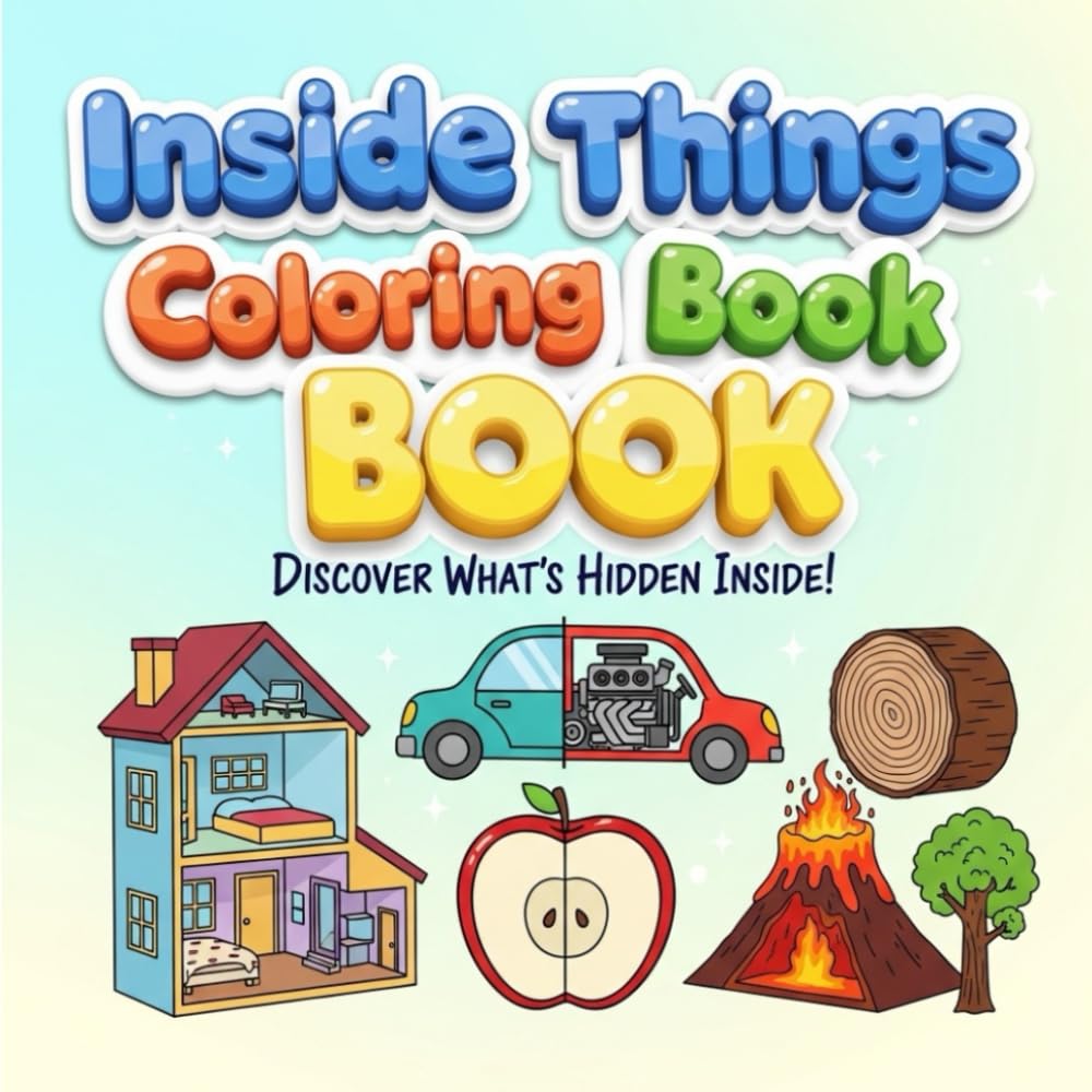 Inside Things Coloring Book for Kids: 46 Amazing Cross-Sections of Everyday Objects, Buildings, and Fun Surprises | Black and White Line Art Activity Book