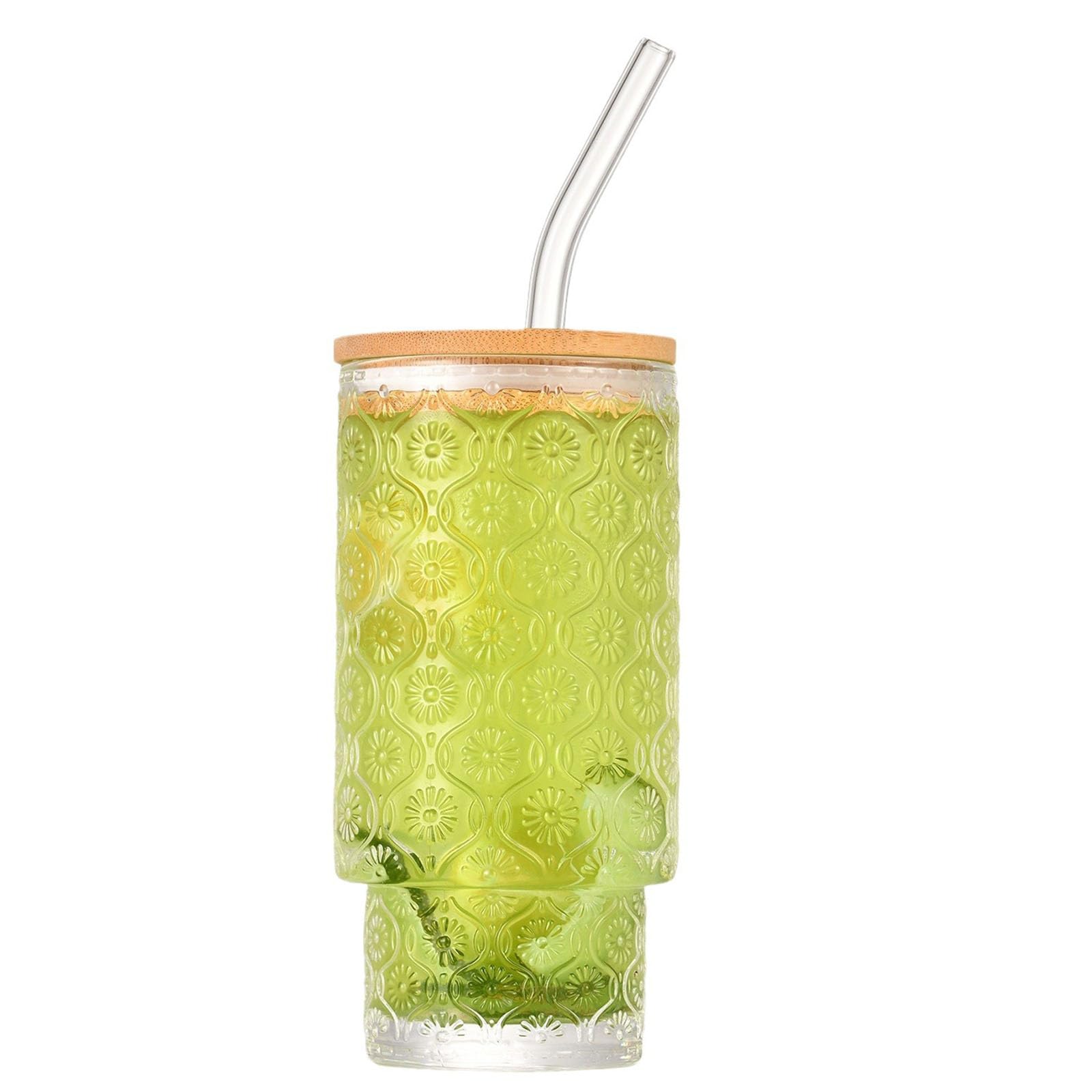 4 vasos con tapas de bambú y popotes, vasos de café de vidrio de 320 ml para jugo, café, whisky, cerveza, cócteles (Begonia)