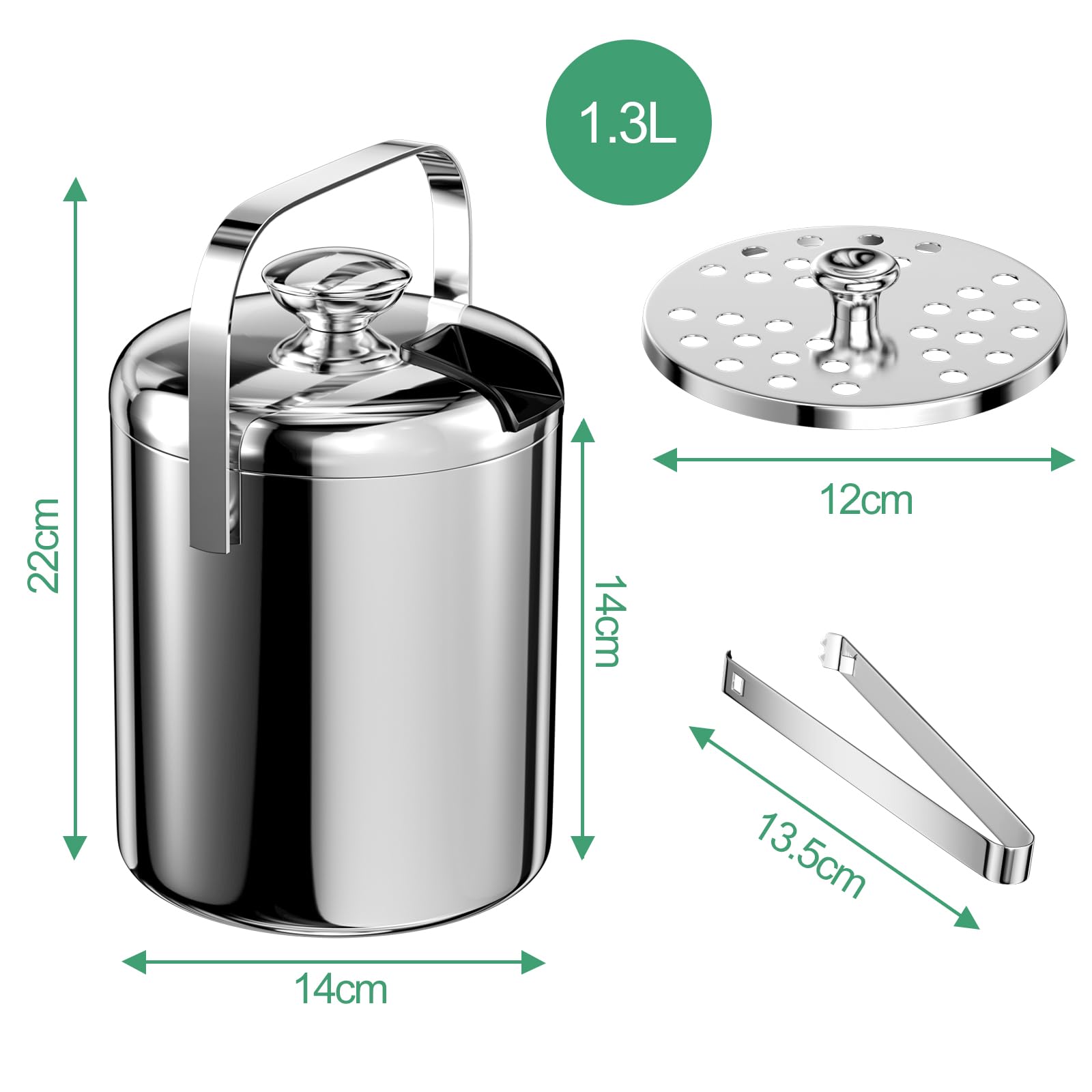 1.3 L Secchiello Ghiaccio in Acciaio Inox, Secchiello per Ghiaccio con Coperchio, Pinze e Colino, Portaghiaccio, LCE Bucke, Contenitore del Cubetto di Ghiaccio, per Cocktail Bar, Feste