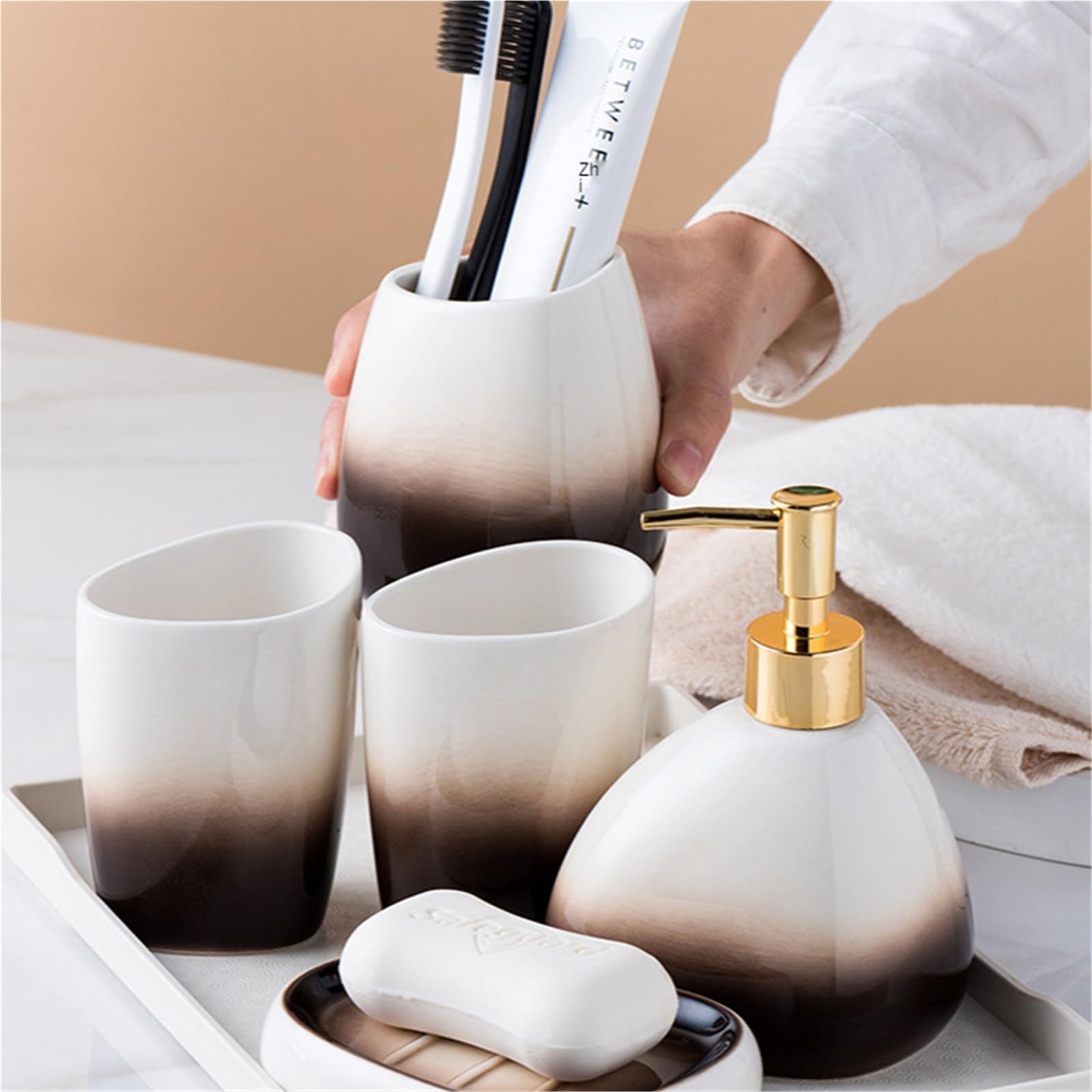 Dispensador de Jabon Set de artículos Sanitarios cerámica, Taza for Cepillo Dientes, dispensador loción, jabonera, Soporte for, Traje baño(Blue)