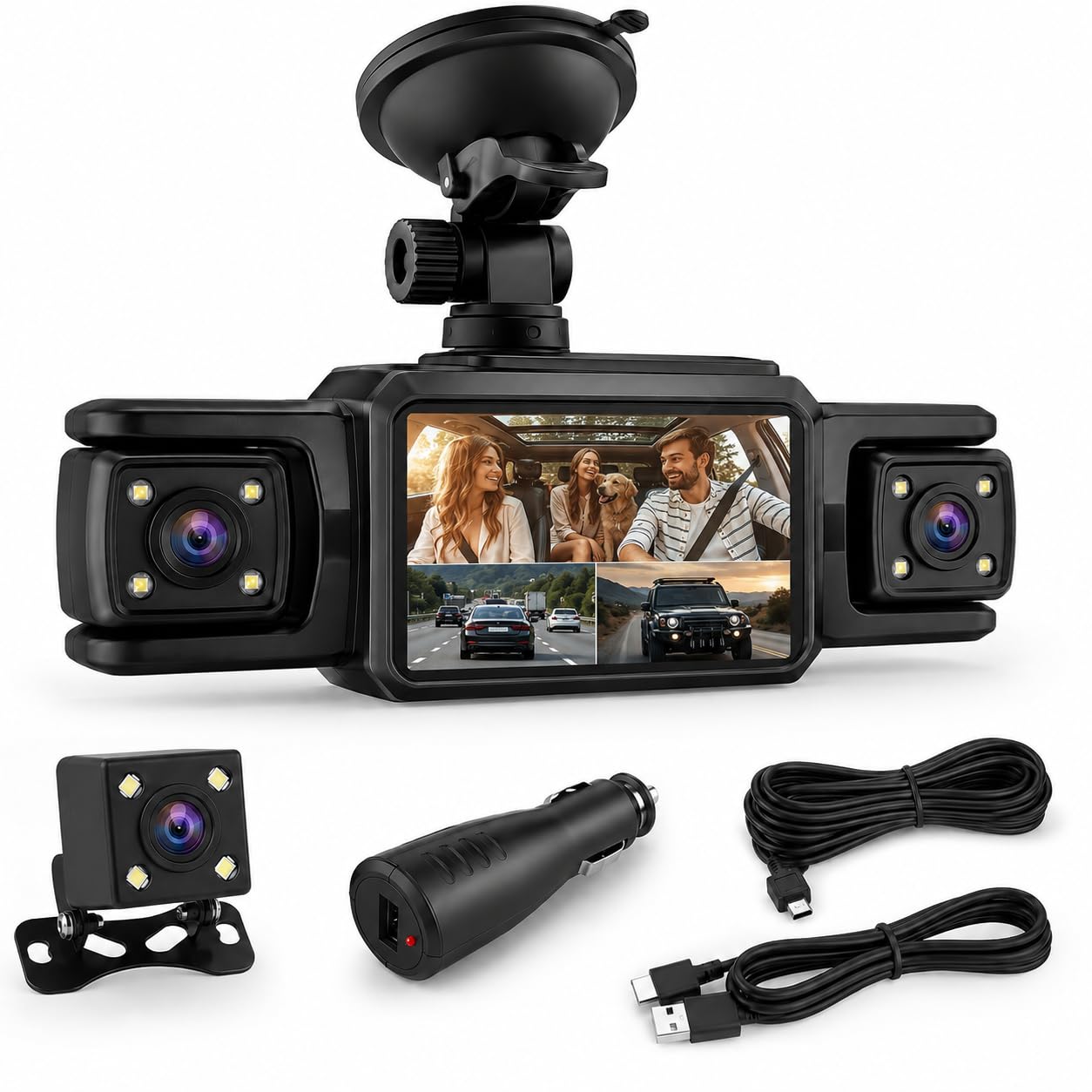 Dash CAM 4 Canales para Coche FHD 1080P, Cámara de Salpicadero 360° con Cámara Frontal, Trasera y Laterales, WiFi con App, Visión Nocturna, Sensor G, Modo Parking y Tarjeta SD 32GB Incluida