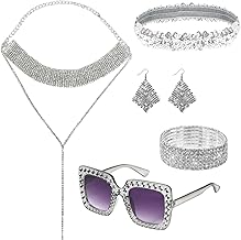 EMAGEREN 5 Pcs Déguisement Disco Femme Argenté, Accessoires Années 80 Femmes Pailletés, Déguisement Soirée Disco Femme, avec Lunettes Bandeau Bracelet Collier Boucles d'Oreilles, pour Fête Carnaval