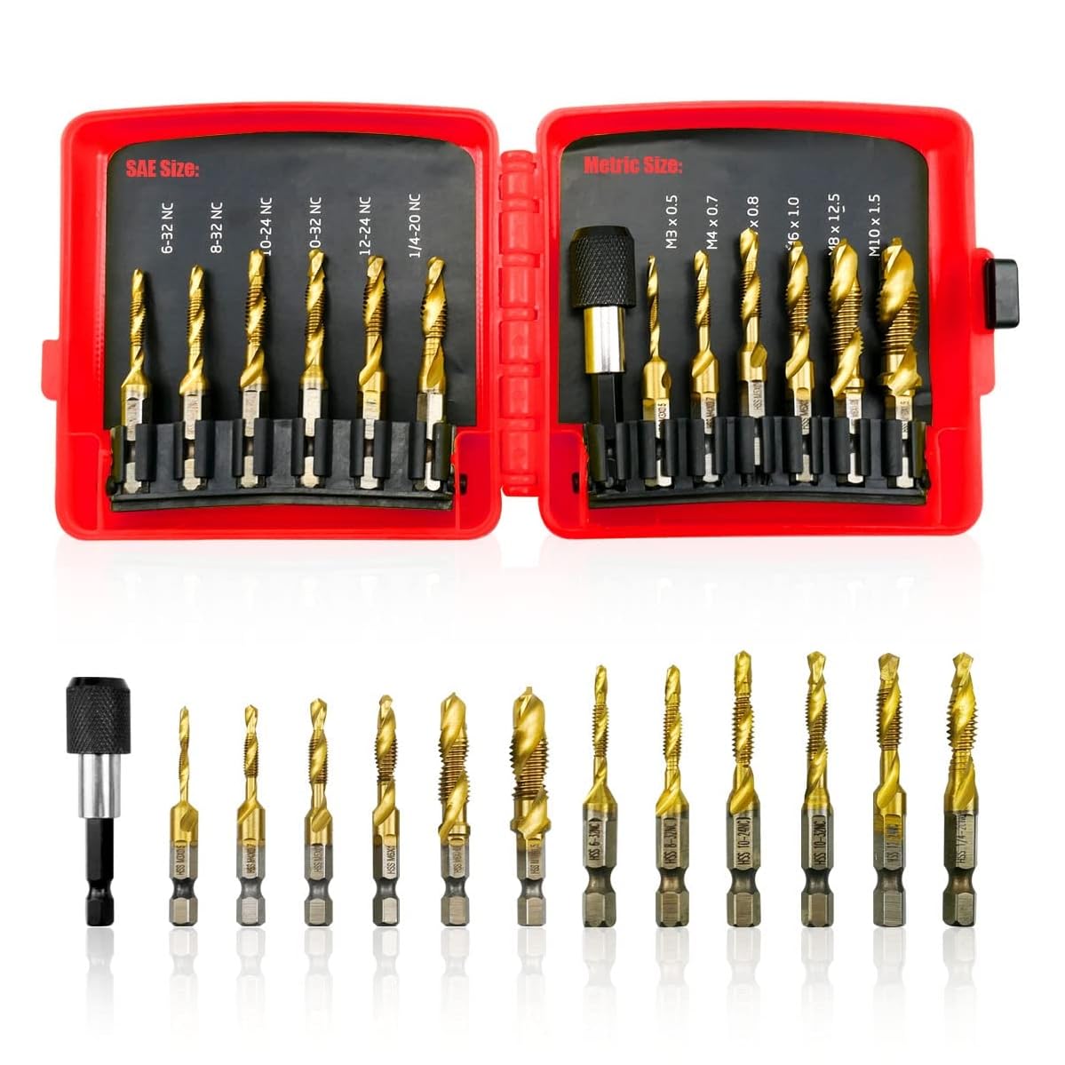 12PCS Titanium Drill Tap Combination Bit Set with Quick Change Adapter, 6PCS SAE (6
