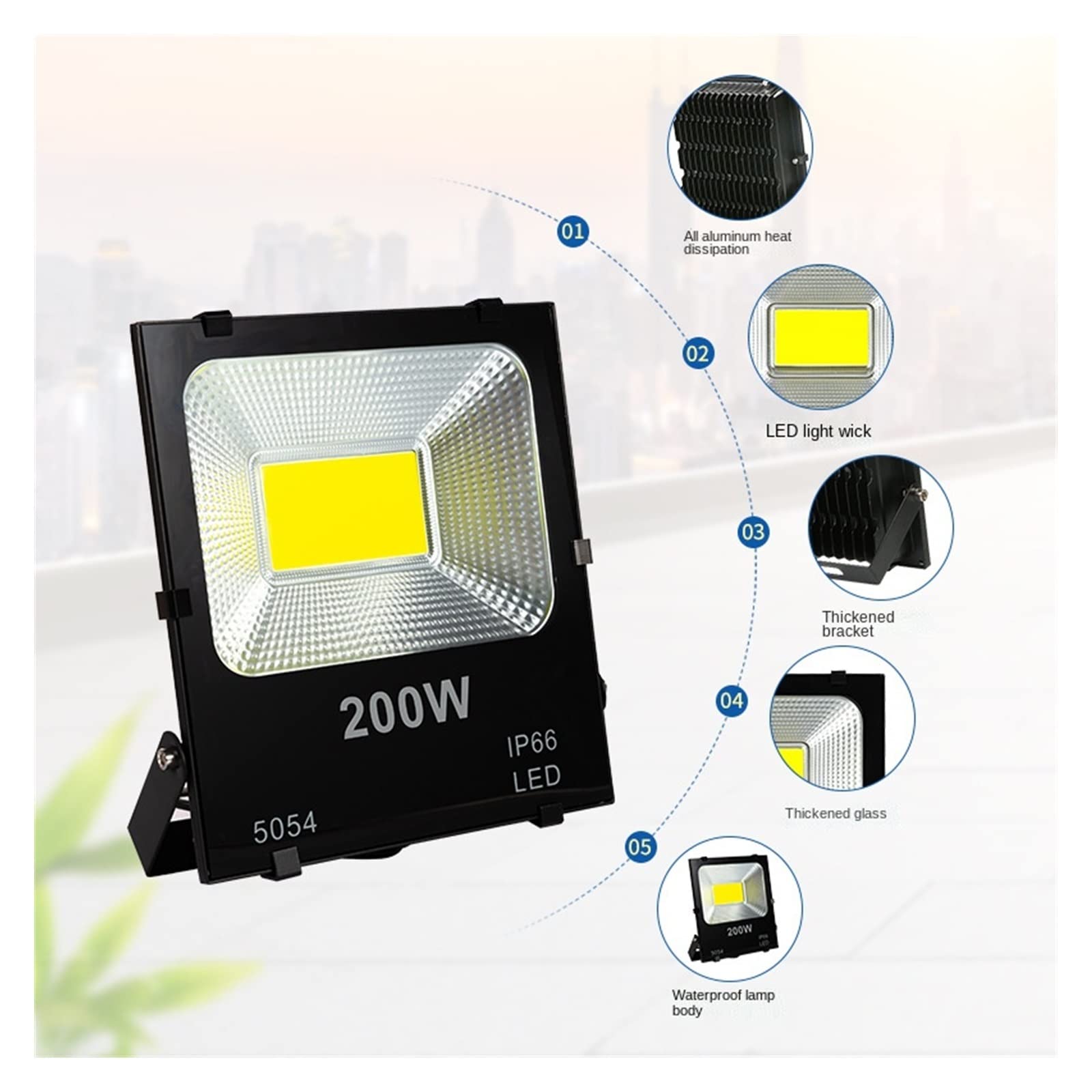 Naświetlacz LED, Lampa ścienna LED 3 0W 50W 100W 150W 200w Reflight Zewnętrzna ulica na zewnątrz Wodoodporne światło stadionowe Oświetlenie stadionu ogrodowego(White 6000 K,200W)