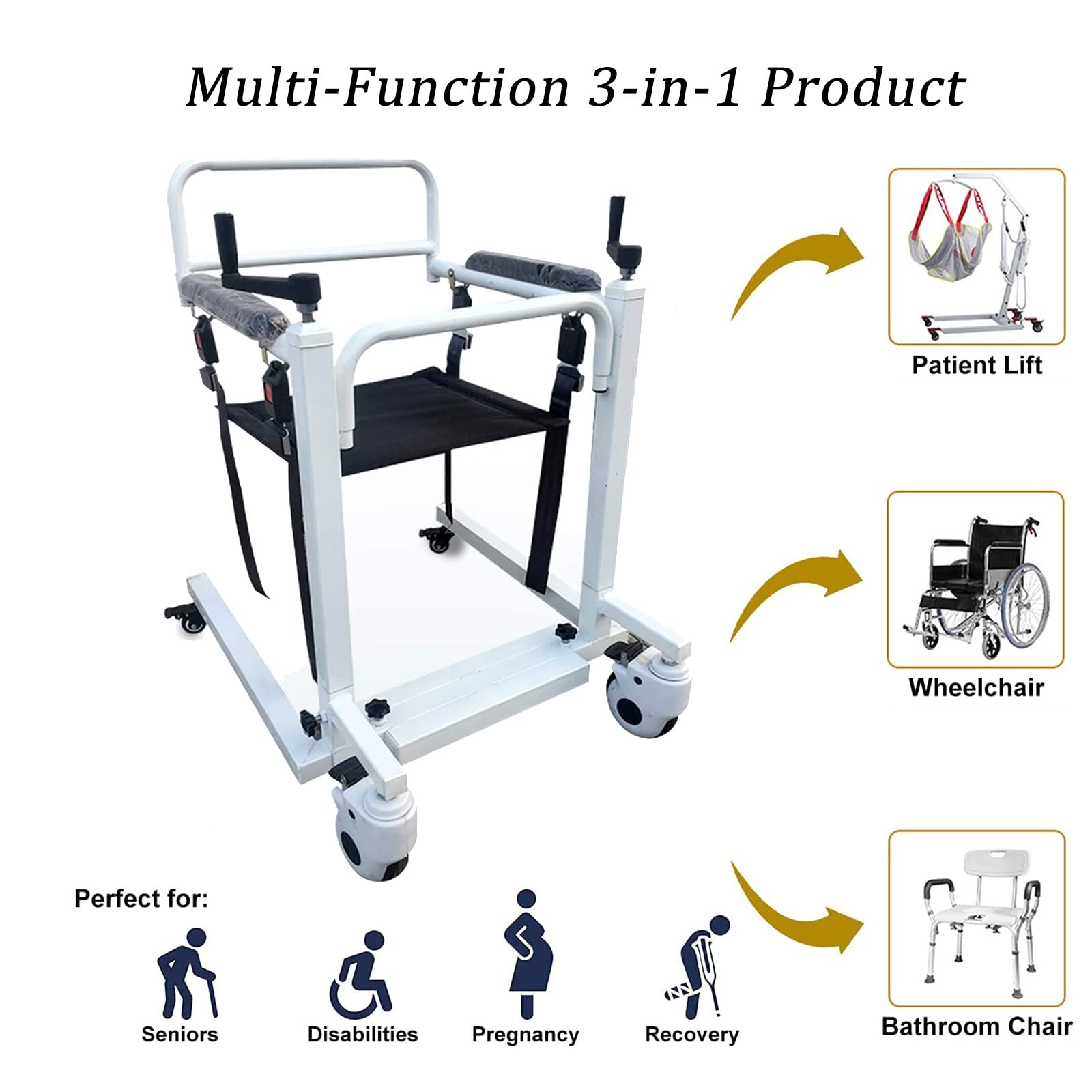 Home Grua Enfermos Sillas de Ruedas, Transporte enfermeria Silla Ducha Mayores con Asiento Blando y Asiento de Inodoro para Ancianos, autoservicio Silla de Transferencia discapacitados