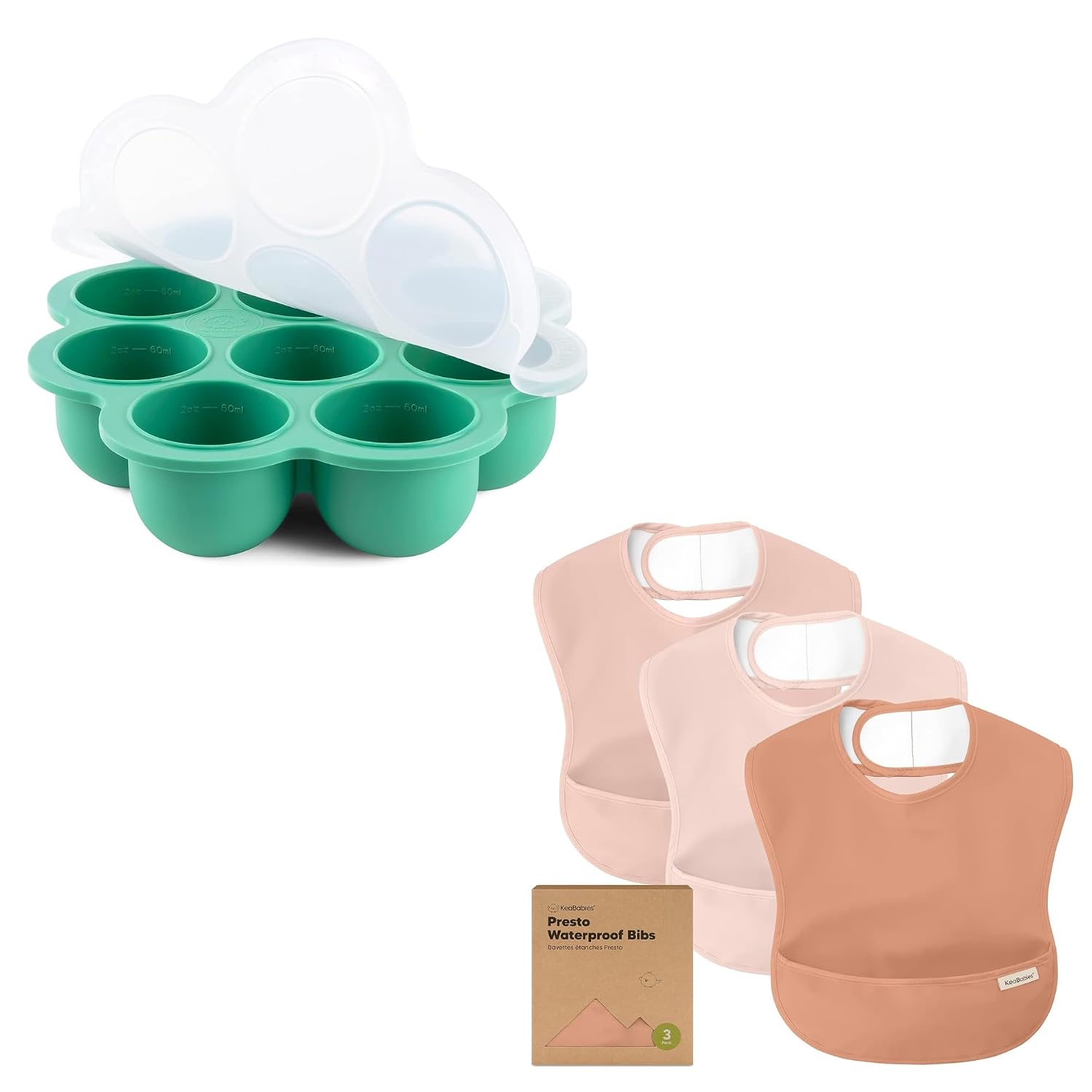 KeaBabies Silicone Baby Food Freezer Tray with Clip-on Lid & 3-Pack Waterproof Baby Bibs for Eating - 2oz x 10 Pods Baby Food Silicone Freezer Mold- Lightweight Toddler Bibs - Breast Milk Freezer Tray