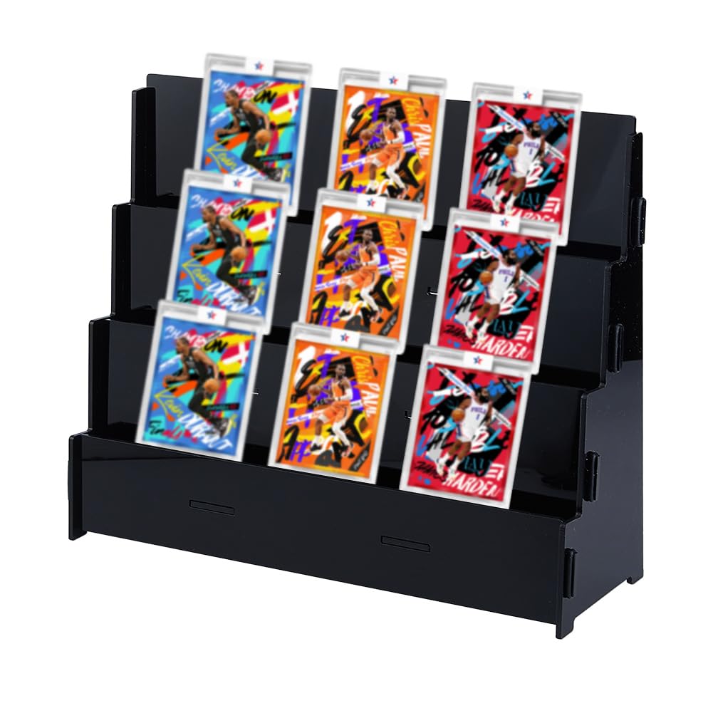 DICOSMETIC 3-Tier Acrylic Trading Card Display Stand Greeting Card Holder Portable Cards Display Rack Black Sports Cards Organizer for Trade Shows Vendors Retail Counter