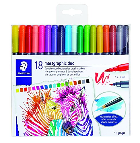 STAEDTLER double ended watercolor brush markers, marsgraphic duo, for illustrations, detail work, manga and expressive lettering, 18 colors 3000TB18LU