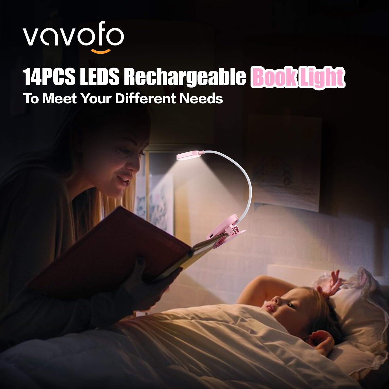 VAVOFO Rechargeable Book Light, 14 LEDs Eye Care Clip On Amber Reading Light for Bookworms Reading in Bed with 9 Colors 9 Brightness (Pink)