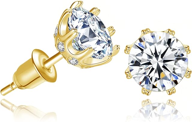Hypoallergenic Gold Zirconia Stud Earrings for Women - 14k Gold Plated Diamond Earrings