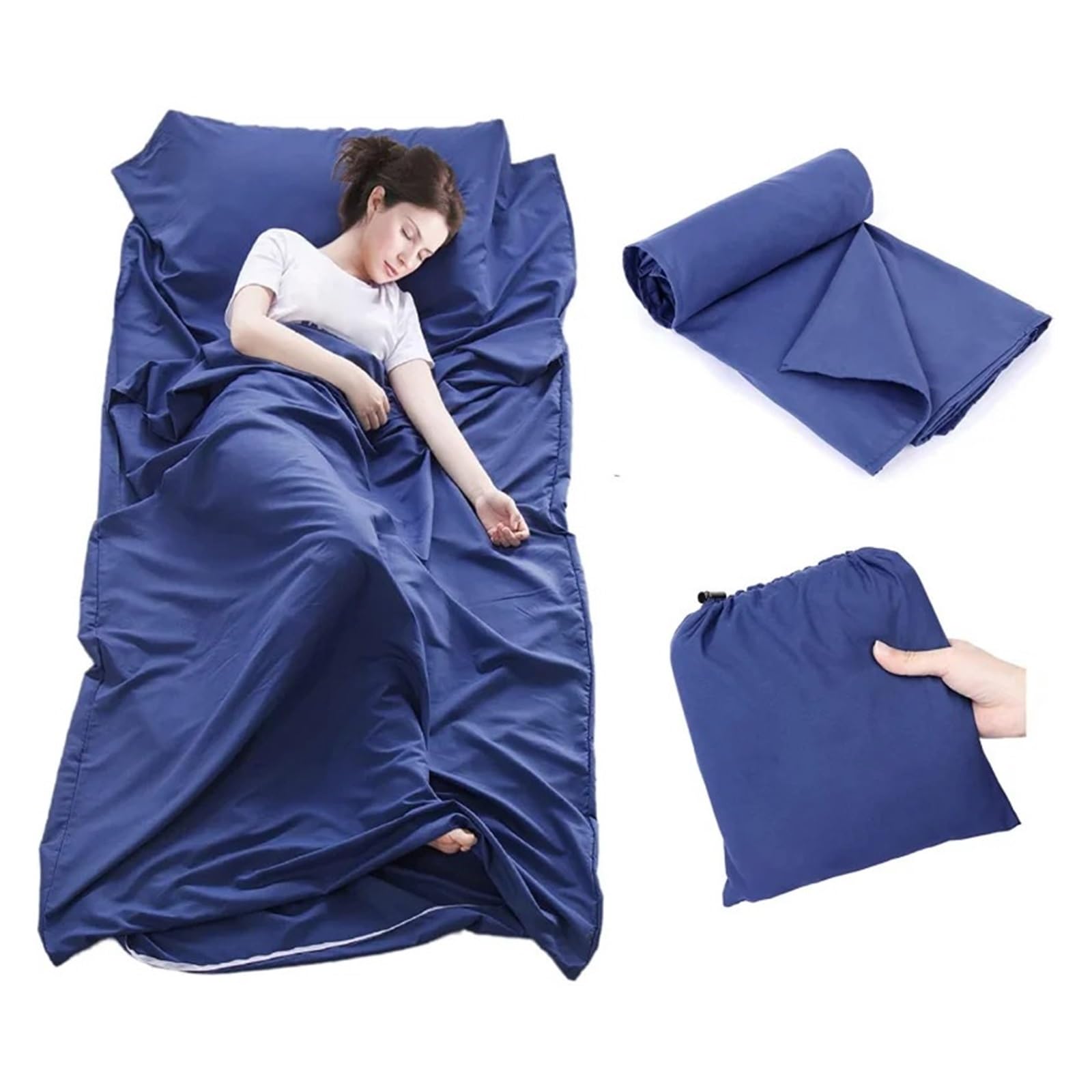 Fodera per Sacco a Pelo Sacco a Pelo Portatile Leggero in Cotone con Fodera for Sacco a Pelo da Viaggio con Fessura for Cuscino, Accessori for Zaino in Spalla e Campeggio(Deep Blue)