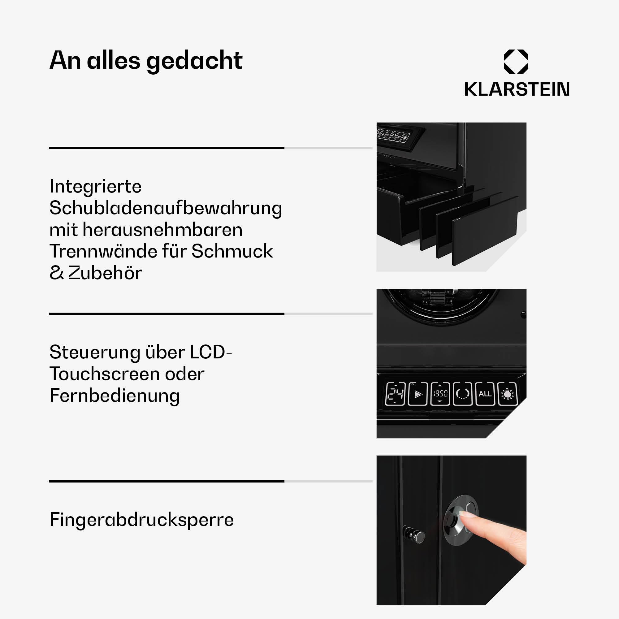 Klarstein SecureTouch Uhrenbeweger für 7 Uhren – Automatik mit Fingerabdruckschloss, leisem Japanischem Motor, LCD-Display & Fernbedienung, 41 TPD-Einstellungen, LED-Beleuchtung & Schmuckschublade