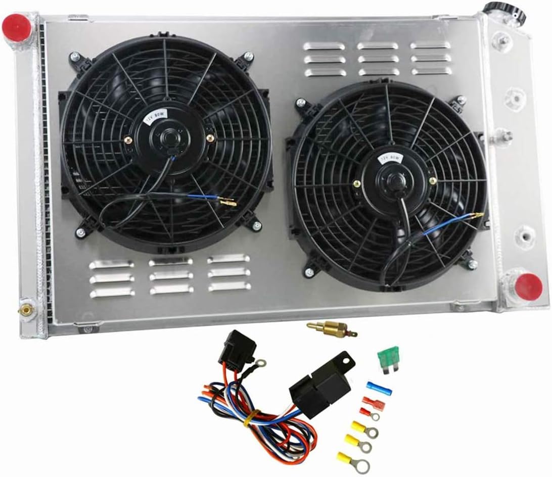 CoolingSky 4 Row Aluminum Radiator + 2X12" Fan W/Shroud Combo & Relay Kit for Chevy&GMC C/K Series 10 20 30 Pickup 73-80 /Camaro 70-81/ Monte Carlo & El Camino 78-87, More Buick GM Cars