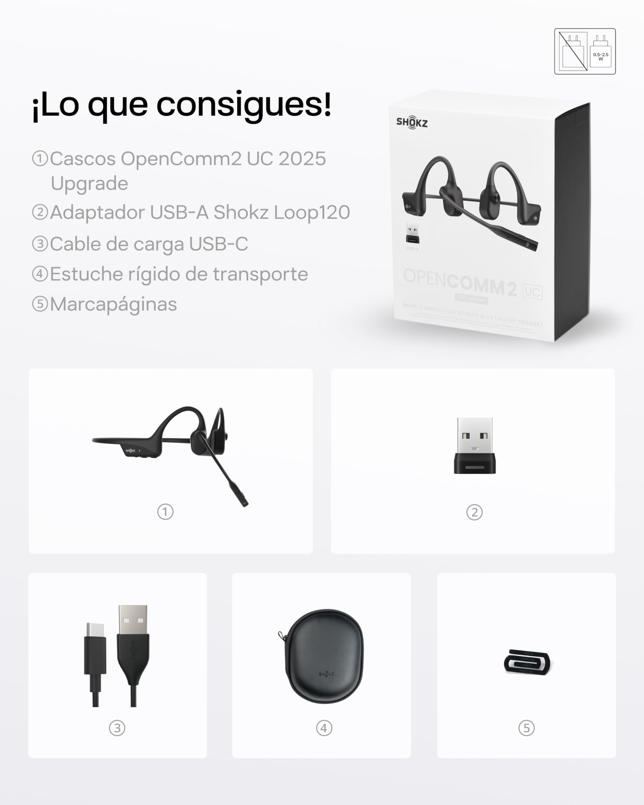 SHOKZ OpenComm2 UC 2025 Upgrade Auriculares Conducción Ósea,Adaptador USB-A | 16h Conversación |Adaptador USB-A | Bluetooth |Micrófono| Oído Abierto | Carga Rápida | para Office | Carga Tipo C