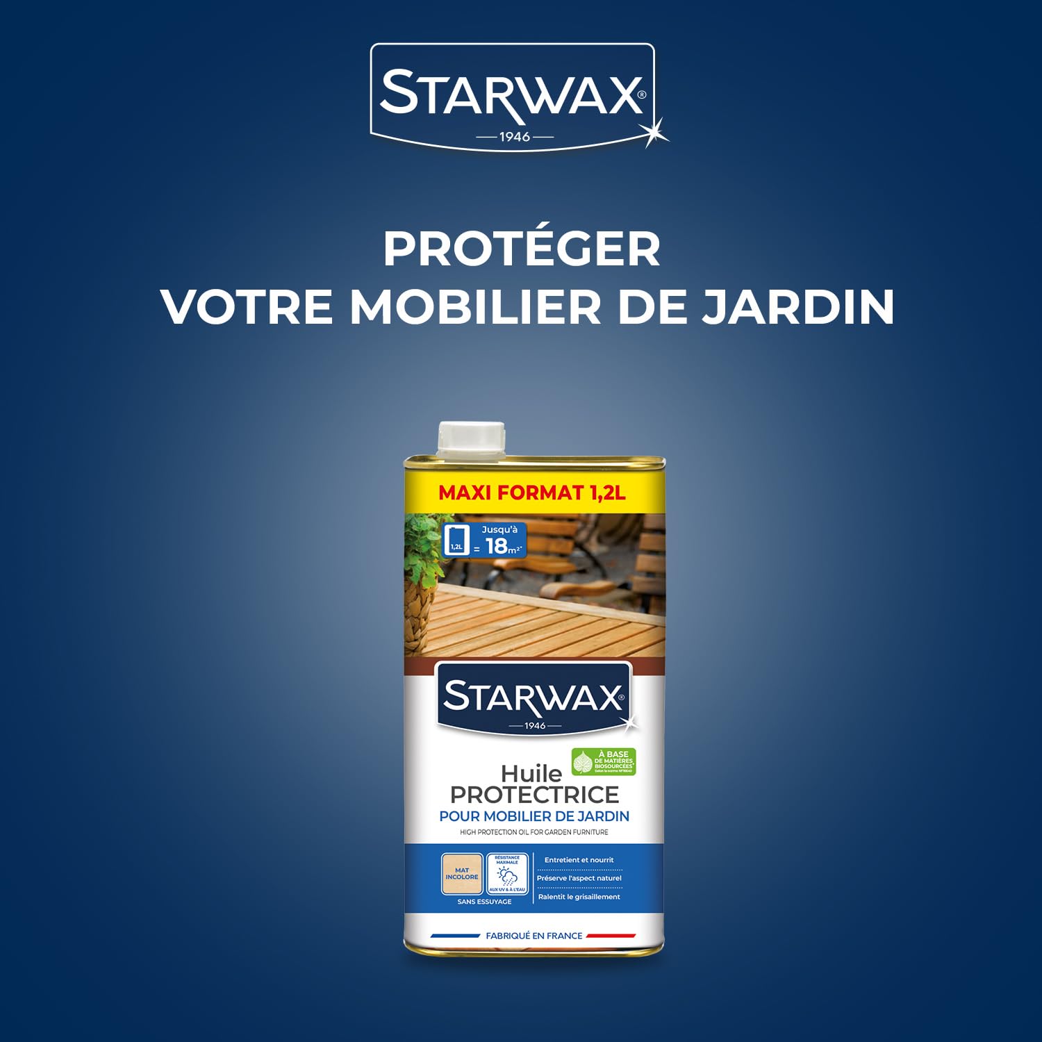 STARWAX Huile protectrice pour mobilier de jardin 1,2L, incolore, nourrit et protège les bois de jardin grisés, anti-tache anti-graisse, barrière anti-UV, préserve l'aspect mat, 15m²/L